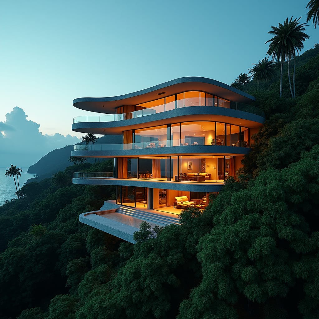A sleek, modern Jamaican mansion with a unique hexagonal design, towering above the lush surroundings, its numerous large openings blending seamlessly into the natural landscape. Inspired by the works of Andreas Gursky