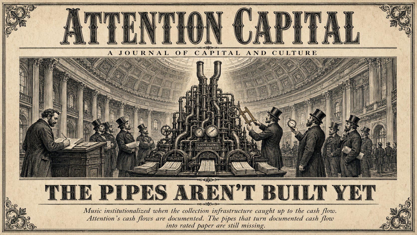 Wood-engraving editorial periodical cover in the Thomas Nast Harper's Weekly style for Attention Capital's essay The Pipes Aren't Built Yet. The cover is composed in four horizontal zones inside a Victorian engraved border with ornamental corner cartouches: at top, the Attention Capital masthead in elaborate Victorian condensed display serif typography with the tagline A Journal of Capital and Culture in Roman small caps beneath; at center, a monumental cast-iron and brass plumbing apparatus rises through a neoclassical financial chamber under a coffered dome, with ledger pages flowing into the pipes at the base and the trunk ending in open ironwork at the top where the connection to the upper chamber is incomplete, with light from a high oculus falling through the gap; below the illustration, the title The Pipes Aren't Built Yet appears in a large period display serif banner; below the title, the subtitle deck is set in italic Roman serif. The image visualizes the central thesis that the cash flow underneath attention-backed credit is documented and flowing, but the credit-side collection layer that converts platform analytics into rated paper is still missing. Keywords: attention-backed credit, methodology layer, AQS, Attention Quality Score, music ABS precedent, standardization franchise, Bowie Bonds. Wood-engraving editorial periodical cover in the Thomas Nast Harper's Weekly style for Attention Capital's essay The Pipes Aren't Built Yet. The cover is composed in four horizontal zones inside a Victorian engraved border with ornamental corner cartouches: at top, the Attention Capital masthead in elaborate Victorian condensed display serif typography with the tagline A Journal of Capital and Culture in Roman small caps beneath; at center, a monumental cast-iron and brass plumbing apparatus rises through a neoclassical financial chamber under a coffered dome, with ledger pages flowing into the pipes at the base and the trunk ending in open ironwork at the top where the connection to the upper chamber is incomplete, with light from a high oculus falling through the gap; below the illustration, the title The Pipes Aren't Built Yet appears in a large period display serif banner; below the title, the subtitle deck is set in italic Roman serif. The image visualizes the central thesis that the cash flow underneath attention-backed credit is documented and flowing, but the credit-side collection layer that converts platform analytics into rated paper is still missing. Keywords: attention-backed credit, methodology layer, AQS, Attention Quality Score, music ABS precedent, standardization franchise, Bowie Bonds.