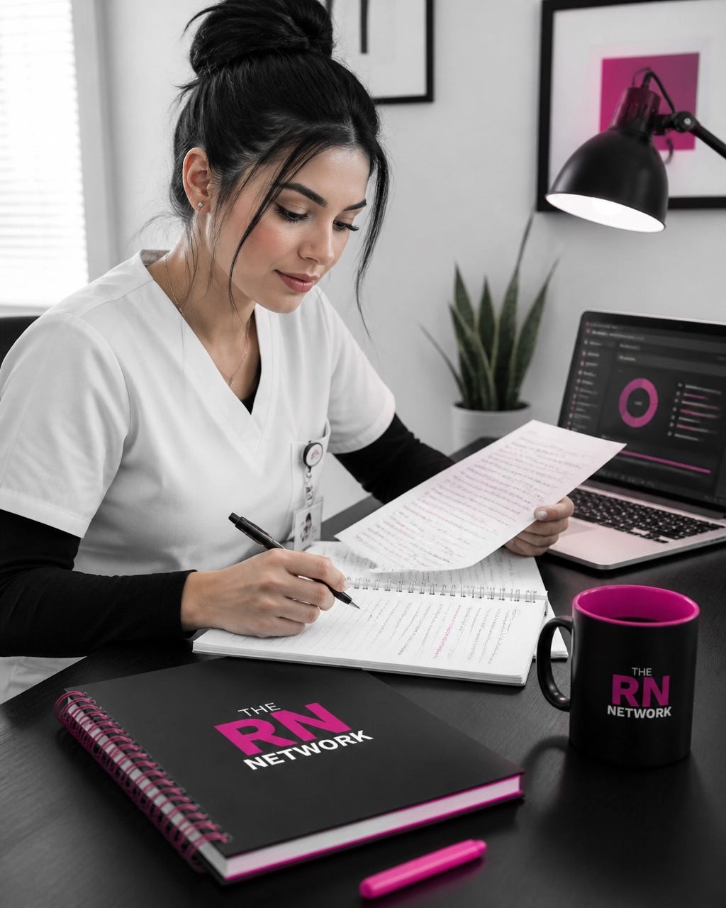 A nurse organizing NCLEX rationale notes at a modern study desk