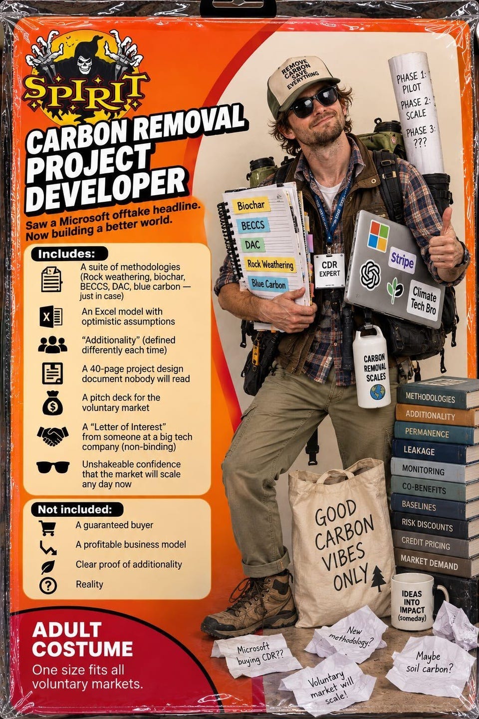 A Spirit Halloween costume package for a "Carbon Removal Project Developer": a grinning man in a "Remove Carbon Save Everything" cap, holding binders tabbed Biochar, BECCS, DAC, Rock Weathering and Blue Carbon, a stickered laptop, and a roadmap reading Phase 1: Pilot, Phase 2: Scale, Phase 3: ???, beside a stack of books from Methodologies to Market Demand. Includes: methodologies, an Excel model with optimistic assumptions, additionality defined differently each time, a 40-page project design document nobody will read, a pitch deck, a non-binding letter of interest from big tech, and unshakeable confidence the market will scale any day now. Not included: a guaranteed buyer, a profitable business model, clear proof of additionality, reality. One size fits all voluntary markets.