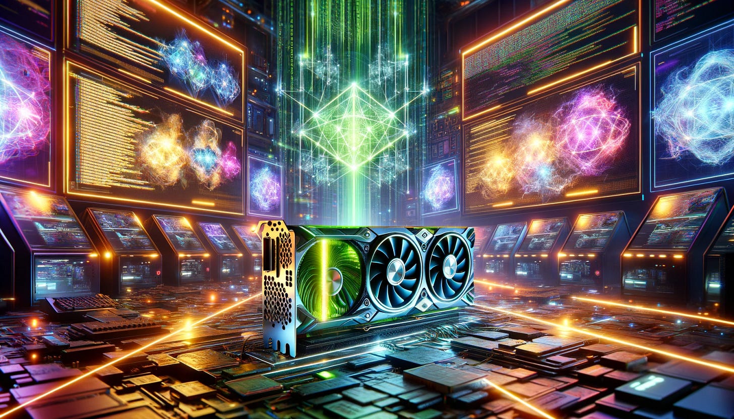 A visually striking representation of NVIDIA GPUs in action, surrounded by glowing code and symbols representing artificial intelligence and machine learning. The scene is set in a futuristic laboratory with sleek, high-tech equipment. Vibrant colors highlight the GPUs at work, with beams of light connecting them to various screens displaying complex algorithms and neural networks. This environment is bustling with the energy of innovation, showcasing the power of NVIDIA's technology in pushing the boundaries of AI and software development.