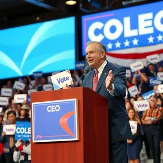 A person standing at a podium with a microphone and a crowd of people behind him

Description automatically generated