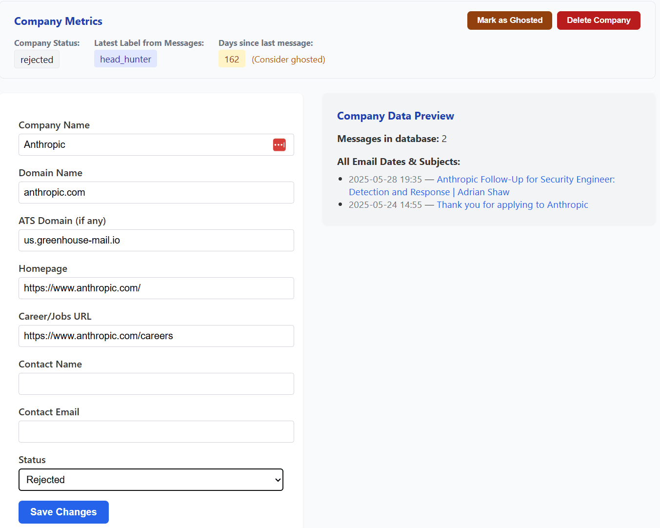 The Company Details page showing the different messages from a particular company and other details. The Company Details page showing the different messages from a particular company and other details.
