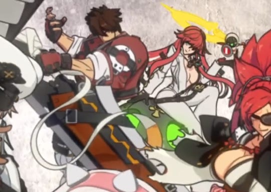 Sol posing with his sword in front of him and Jack-O' floating on Dopros (her ball) beside him. Baiken is barely visible on the right.