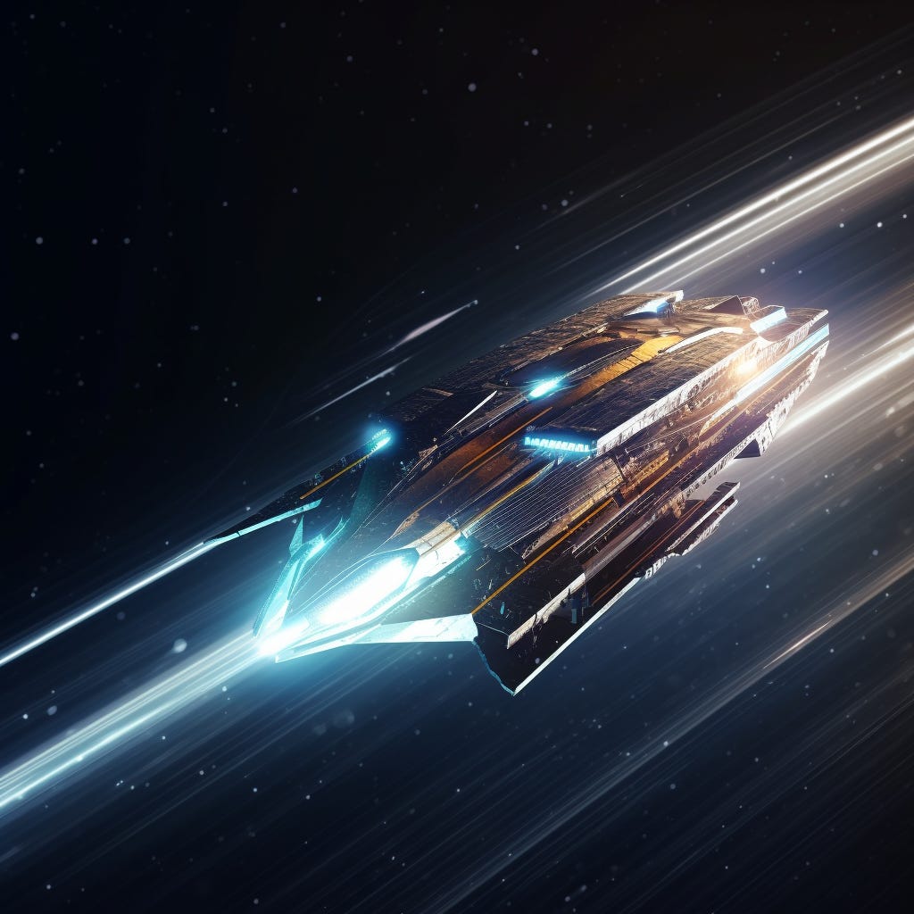 Futuristic spacecraft going extremely fast through wrapspeed. The spacecraft should appear cutting - edge, showcasing various innovative technologies. xplore a blurry but vibrant, star - filled galaxy zipping past the ship