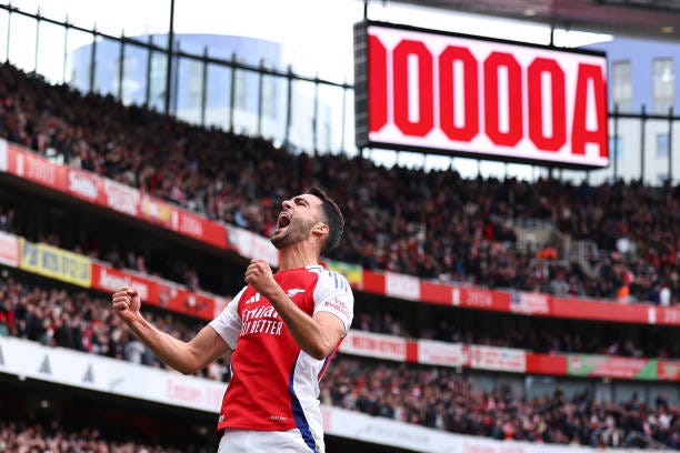 Mikel Merino of Arsenal celebrates after scoring a goal to make it 1-0 during the Premier League match between Arsenal FC and Chelsea FC at Emirates...