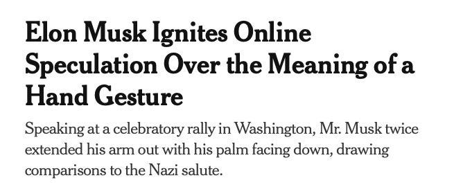 Elon Musk Ignites Online Speculation Over the Meaning of a Hand Gesture
Speaking at a celebratory rally in Washington, Mr. Musk twice extended his arm out with his palm facing down, drawing comparisons to the Nazi salute.