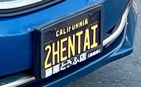 License plates reading DOGGRL, EX TESLA, SXYNURS, 2HENTAI, FEMD❤️M, and DZOOGOO