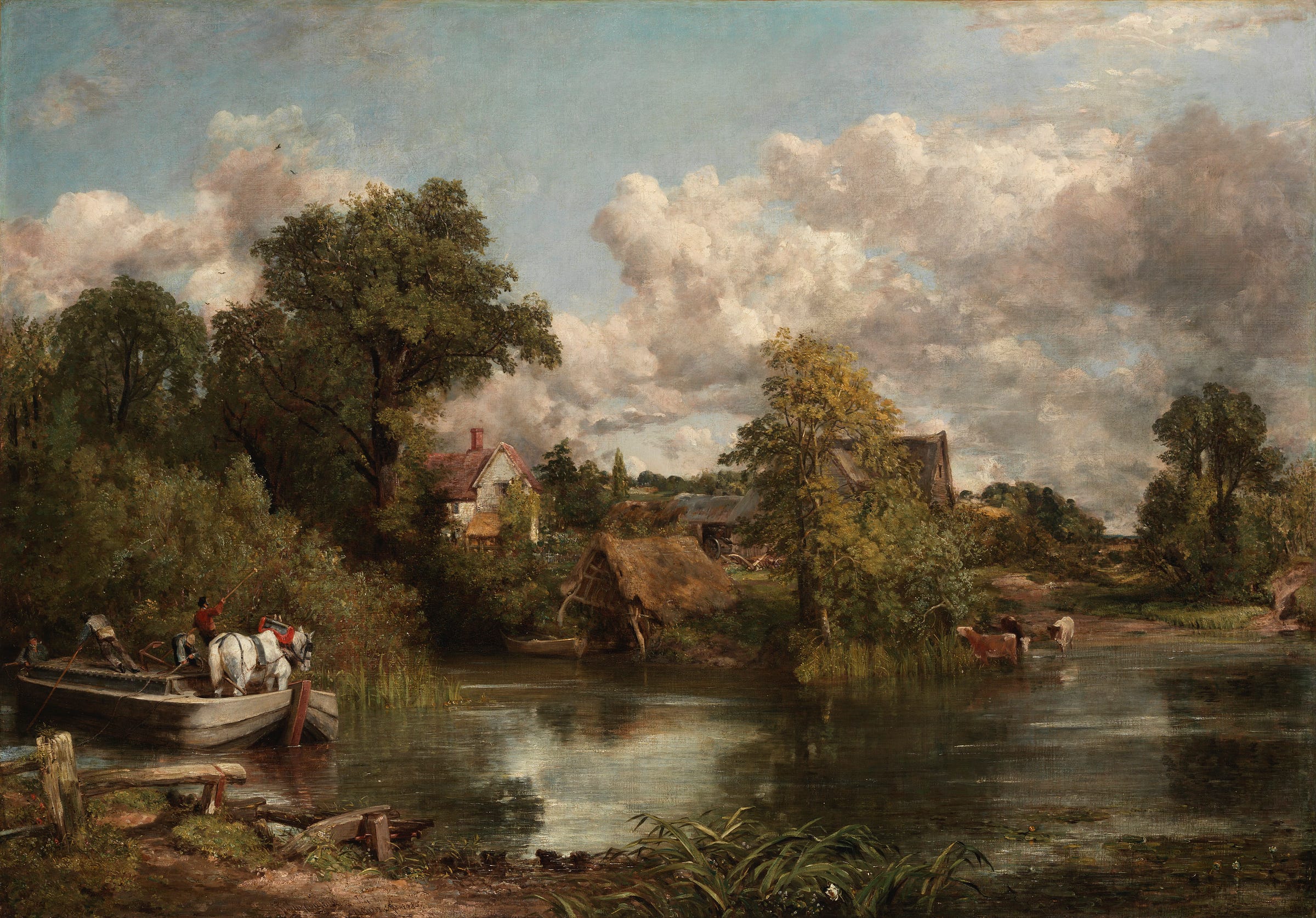 John Constable's "The White Horse." A bucolic scene from rural England, a quiet river with a horse and three men pushing it through the water. A cottage stands in the distance. Trees and reeds surround everything.  