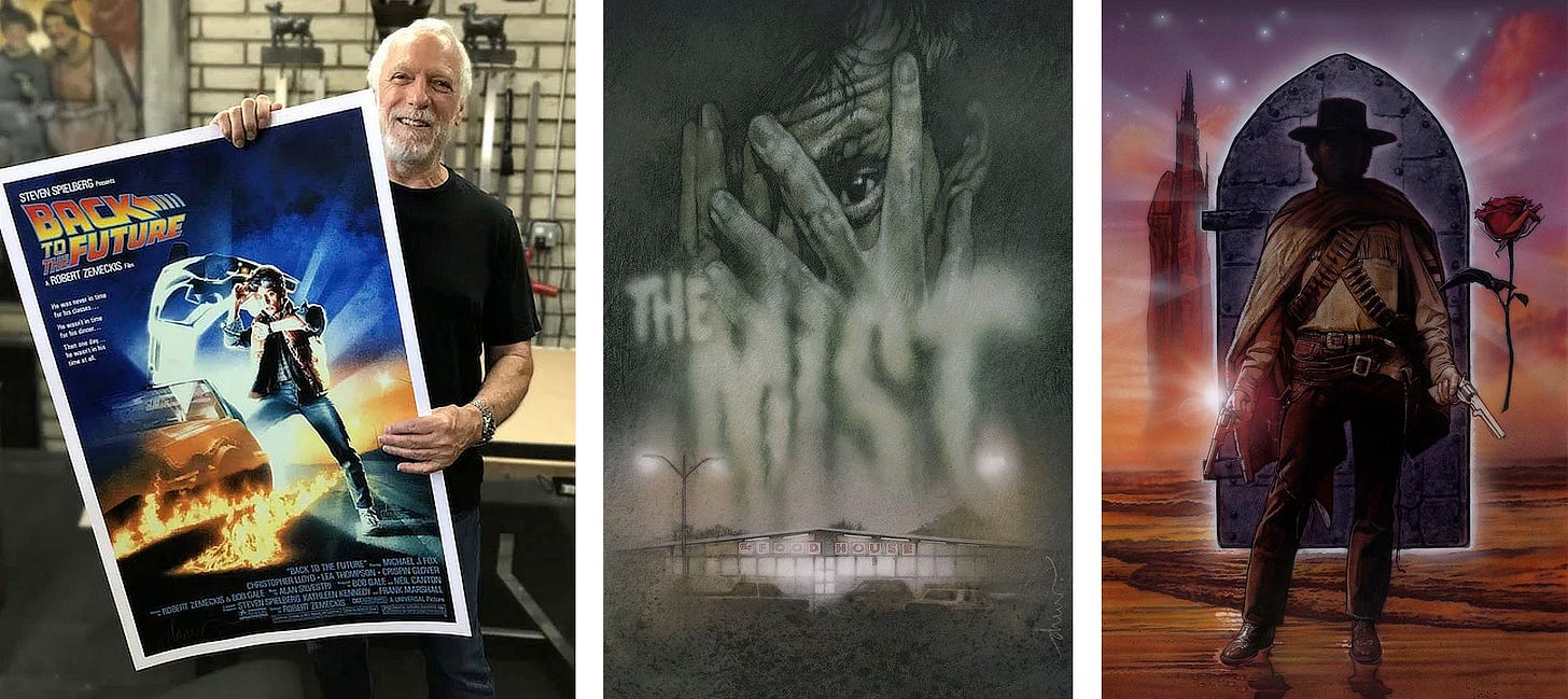 LEFT: Drew Struzan holding up the movie poster for Back to the Future.   CENTER: THE MIST (2007), Acrylic paints and colored pencils on gessoed board - 20 x 30. Tonal movie poster for  featuring a man holding his head in his hands, his eye beneath creased forehead peeking through his fingers in terror. Below the foggy title text is the local grocery store where the story is set including lights from the parking lot and the cars out front.   RIGHT: The Dark Tower (2007), Acrylic paints and colored pencils on gessoed board - 30 x 40. Drew’s painting of The Gunslinger that was presented in the movie as being painted by David Drayton, one of the characters.