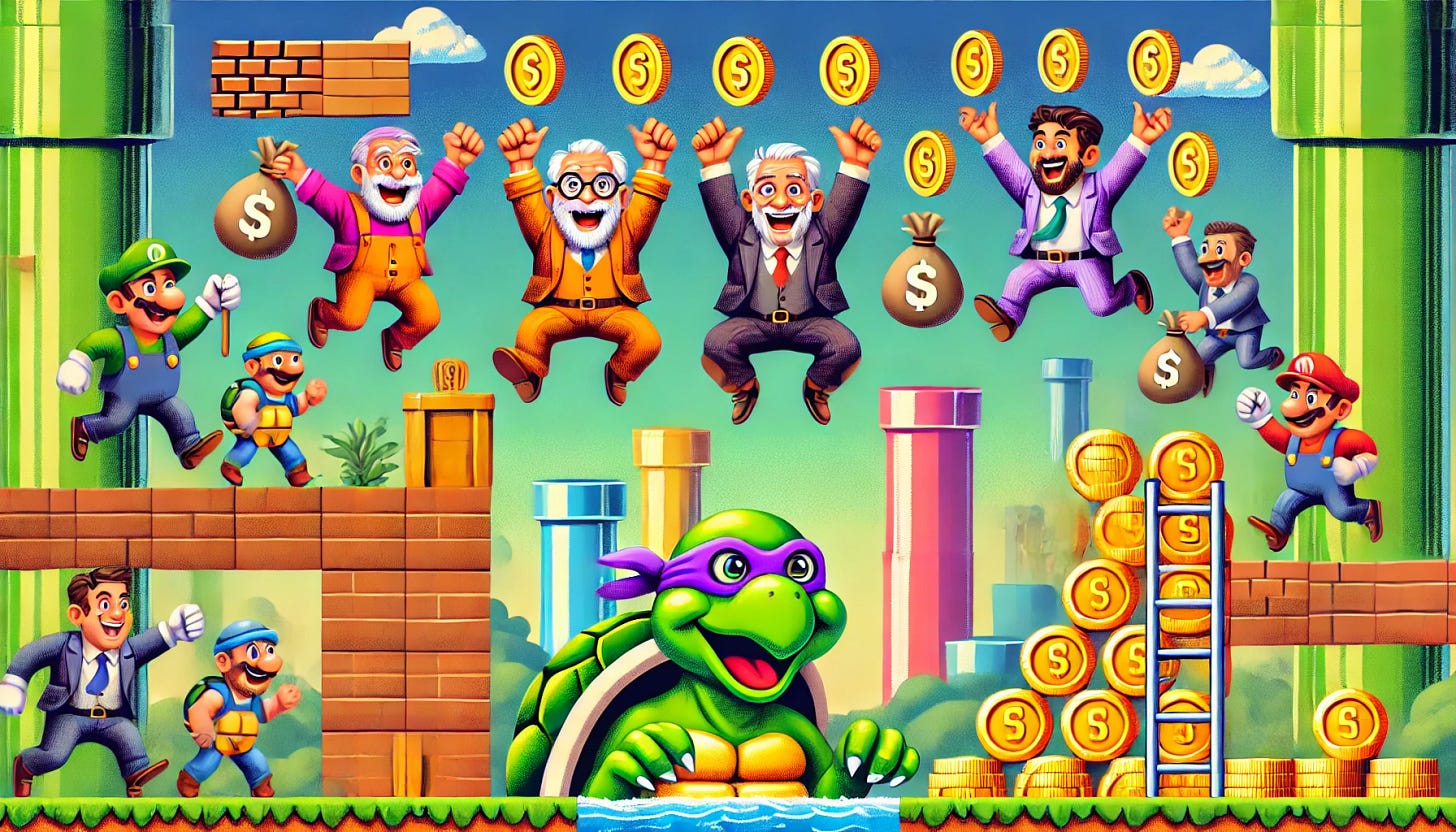 A lively scene inspired by classic video game posters. Investors dressed in colorful, cartoonish outfits are enthusiastically jumping to reach gold coins floating in the air. Below them, a villainous turtle with a menacing expression waits. The background includes vibrant, whimsical elements typical of video games, like blocks, pipes, and a playful landscape.