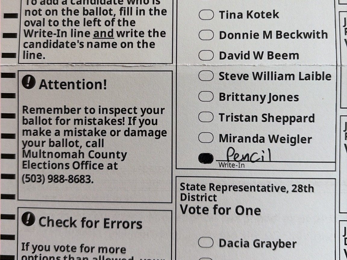 ballot with "pencil" written in as the vote for Oregon governor ballot with "pencil" written in as the vote for Oregon governor