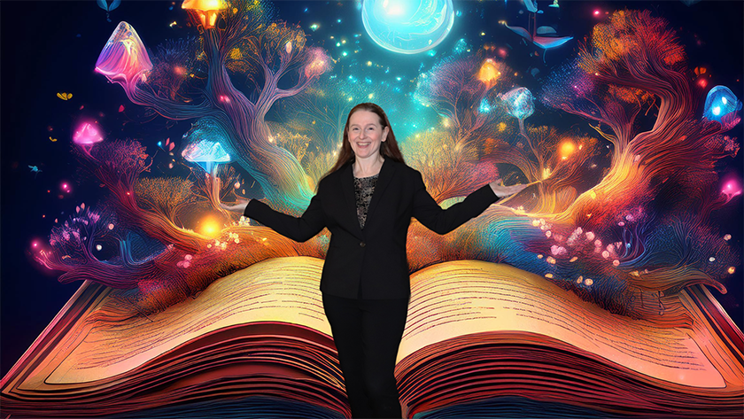 Shari Berg of The Write Reflection stands in front of a storybook with all sorts of images coming out of it.