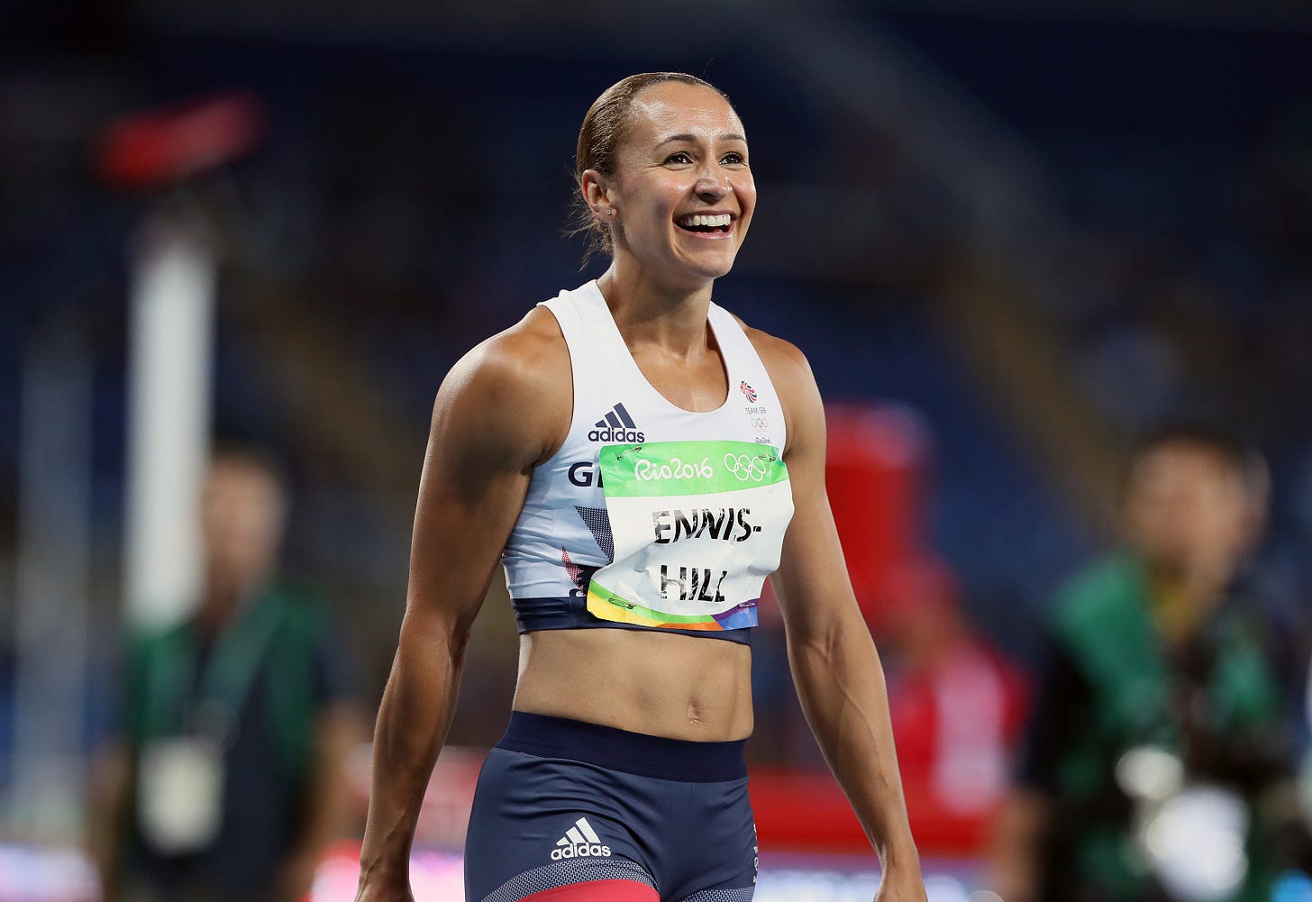 Jessica Ennis-Hill smiling after completing the 800m and claiming a silver medal in the Women's Heptathlon at the Rio 2016 Olympics