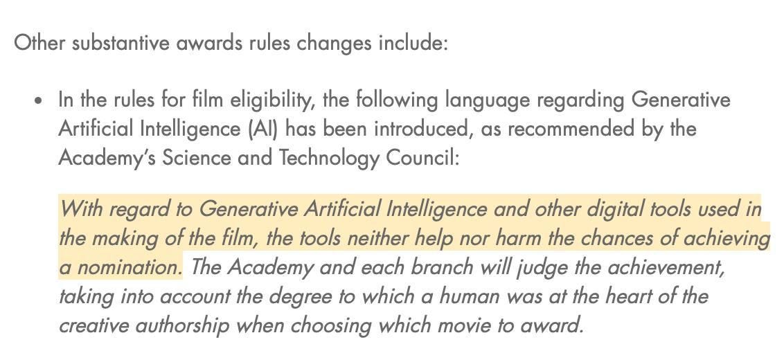 Screenshot of an Oscars rule update stating that using generative AI in films neither helps nor harms eligibility, with emphasis on human authorship.