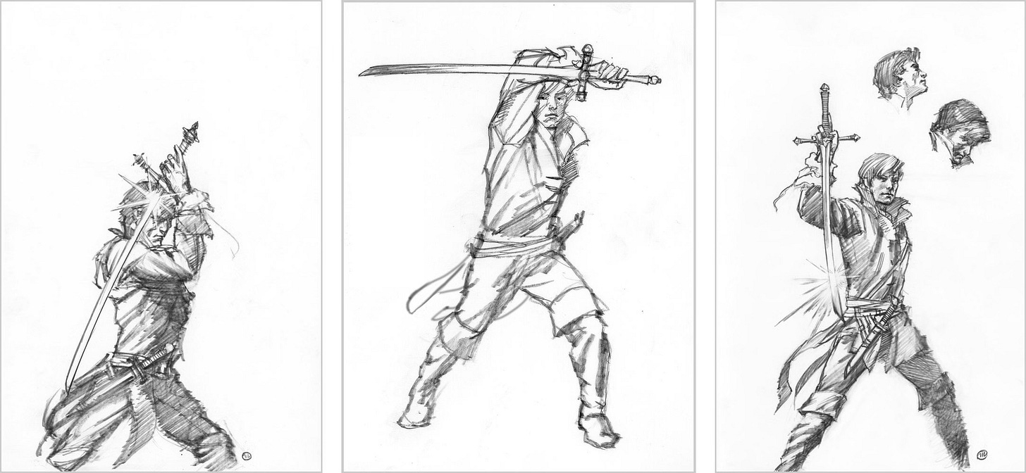 LEFT: Pencil sketch of Rand in profile holding a gleaming sword pointed down and behind him at a 45 degree angle. A sheathed dagger hangs at his hip.  CENTER: Pencil sketch of Rand in the cover pose holding up his arm to shield his eyes. He holds his sword in a reverse grip so the blade extends along the length of his arm, parallel to the ground. His left leg is positioned forward as if taking a step.  RIGHT: Pencil sketch of Rand holding his sword out with pommel up and gleaming blade pointing straight down. The hilt is above his head and the blade extends down to his waist. In the upper right of the page, there are two additional head sketches.