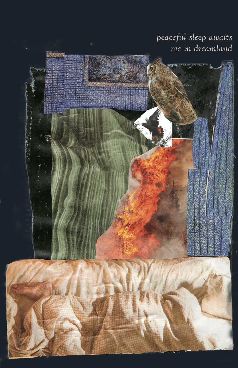 a collage of a bed, curtains, a rock, a fire, and two birds (one of them is an owl) in the darkness. above them we can read "peaceful sleep awaits me in dreamland"