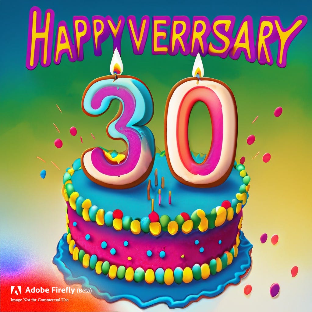 text: HAPPYVERSARY. 30 on top of cake text: HAPPYVERSARY. 30 on top of cake