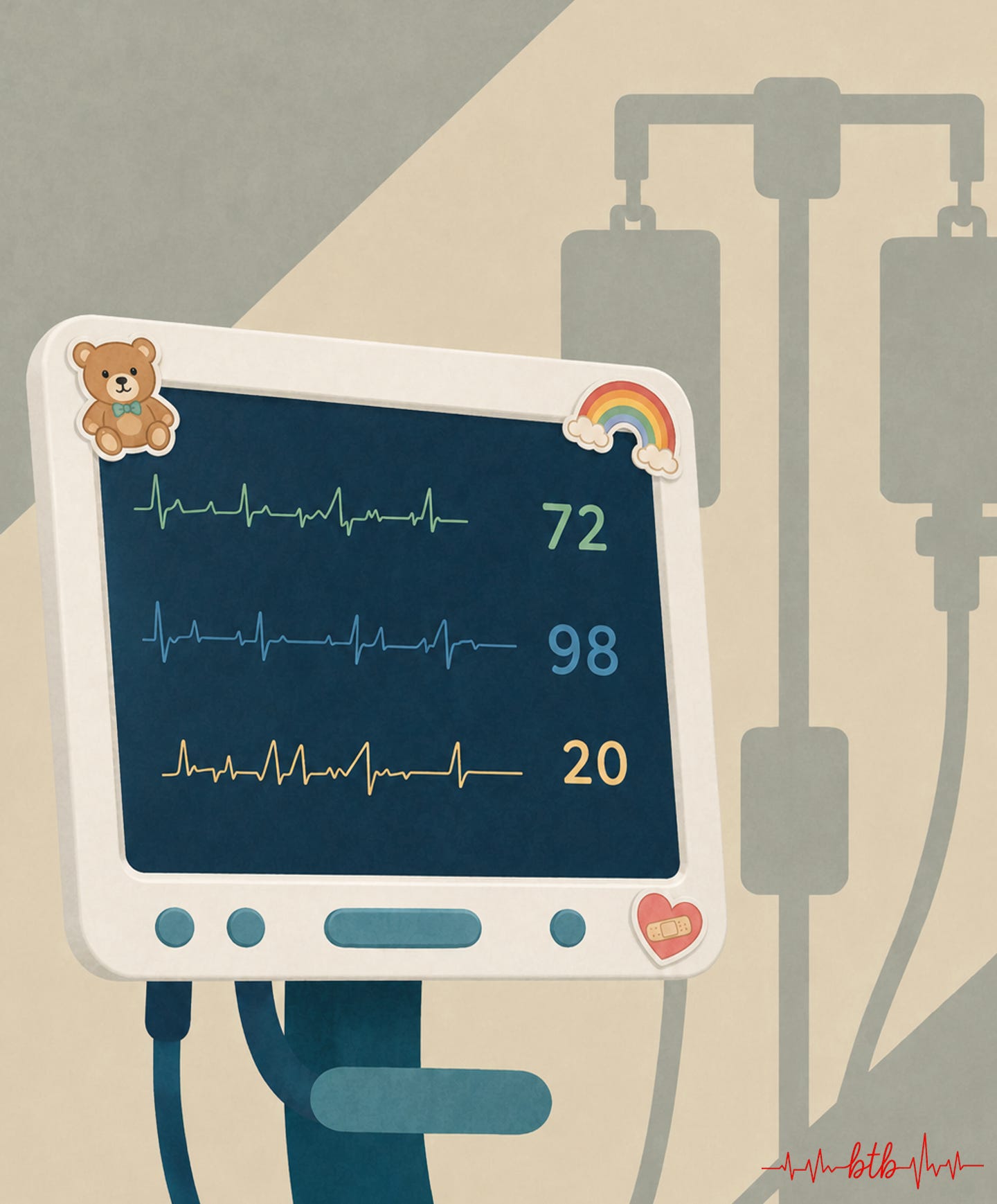 A softly illustrated pediatric bedside monitor displays heart rate, oxygen saturation, and breathing traces, with a teddy bear, rainbow, and bandaged-heart sticker tucked naturally onto its frame. IV equipment casts gentle shadows in the background, making the clinical scene feel unmistakably like a child’s hospital room rather than an adult one. Illustration used for article on open-heart surgery for kids with congenital heart disease and the heart-lung machine. Article written by Marie-Jo Herard for Between the Beats Substack.