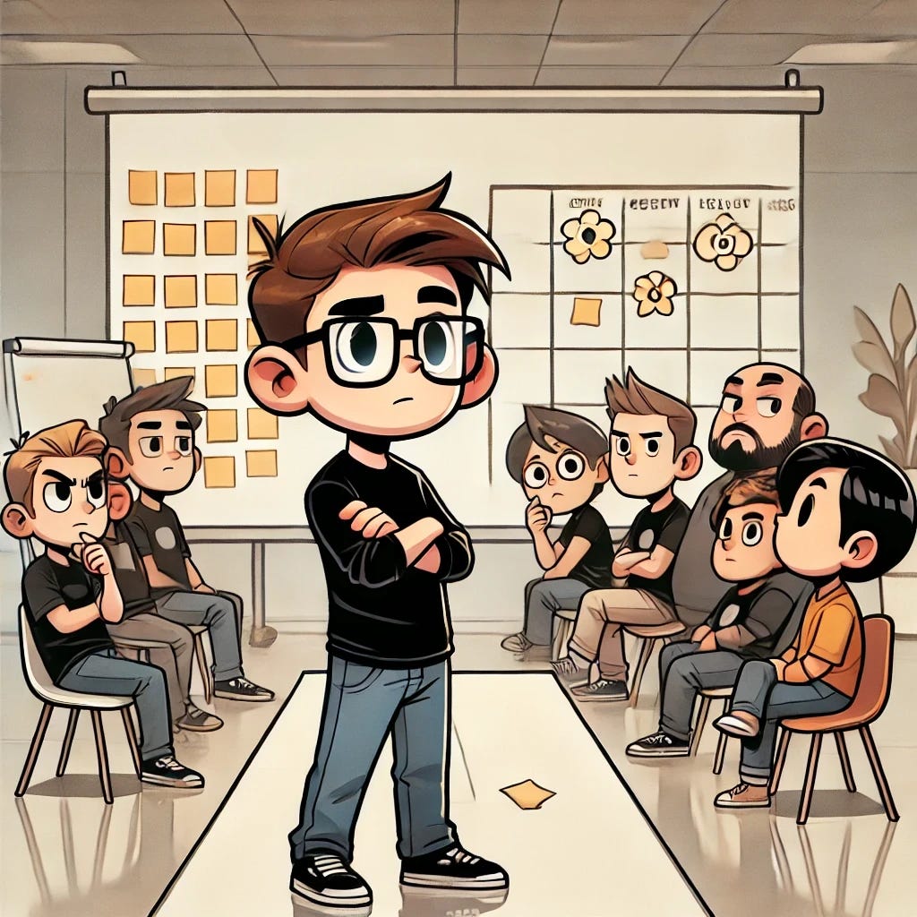 A cartoon-style illustration featuring the character created earlier in a team retrospective scenario. The character, wearing a black shirt and glasses, is standing in front of a whiteboard with sticky notes, looking thoughtful. Around them, a group of cartoon-style team members sit quietly, some looking frustrated or disengaged. The setting is a professional, modern meeting room, with a minimal and clean background. The atmosphere should convey a moment of tension and reflection. The image does not contain any text.