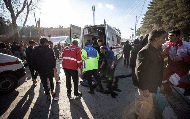 Iranian emergency services arrive at the site where two explosions in quick succession struck a crowd marking the anniversary of the 2020 killing of Guards general Qasem Soleimani, near the Saheb al-Zaman Mosque in the southern Iranian city of Kerman on January 3, 2024. (MEHR NEWS / AFP) Iranian emergency services arrive at the site where two explosions in quick succession struck a crowd marking the anniversary of the 2020 killing of Guards general Qasem Soleimani, near the Saheb al-Zaman Mosque in the southern Iranian city of Kerman on January 3, 2024. (MEHR NEWS / AFP)
