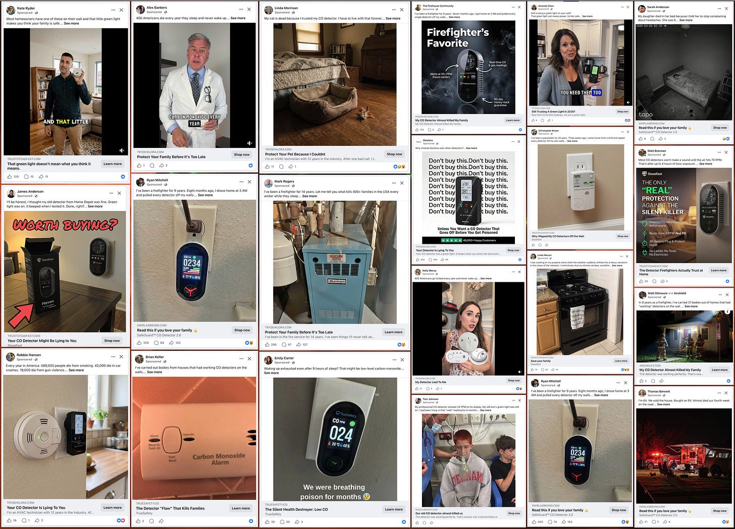 collage of 21 Facebook ads for carbon monoxide detectors