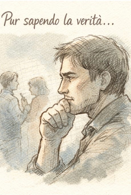 Sketch-style illustration of a man in profile with his hand near his mouth, looking thoughtful, while two blurred figures appear to be talking in the background. Sketch-style illustration of a man in profile with his hand near his mouth, looking thoughtful, while two blurred figures appear to be talking in the background.