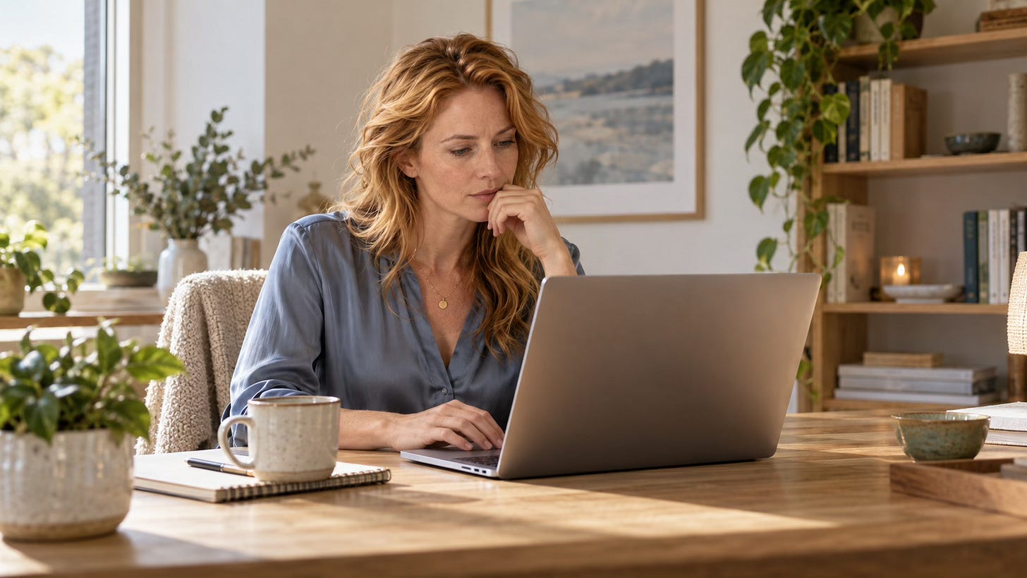 Woman in a muted blue blouse looking at her laptop in a softly lit home workspace.