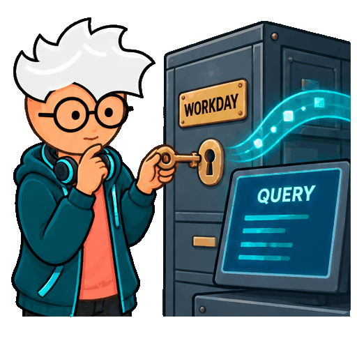 AI Buzz programmer mascot turns a query key while Workday data stays in a locked cabinet.