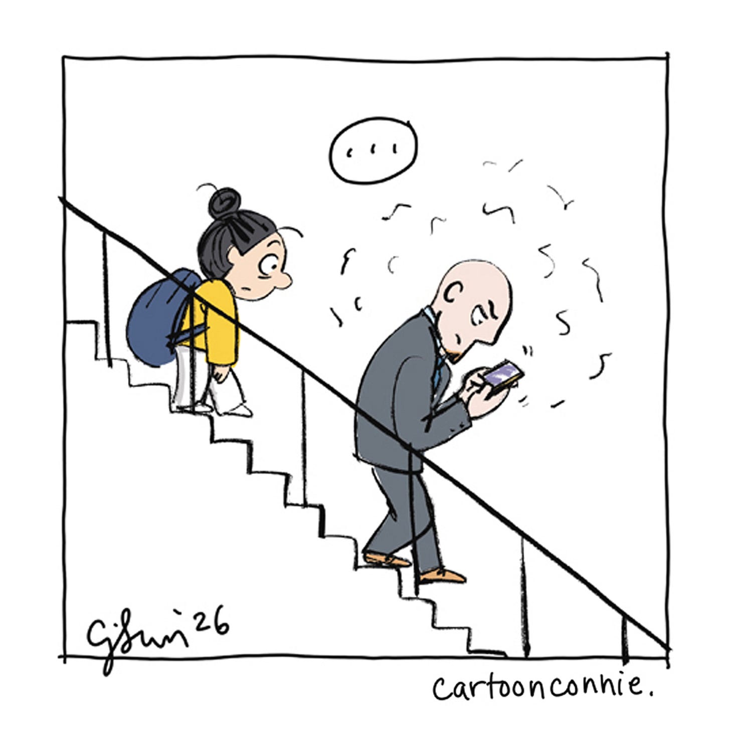 Panel 4/6 of a humorous comic strip illustrating a girl with a bun, riding the New York City subway and observing a man in a suit, intensely playing a game on his phone. Titled "A Very Serious Man," 2026, by Connie Sun, cartoonconnie.