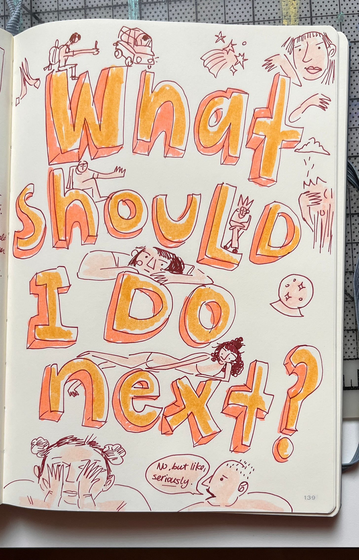 Messy doodles of confused people with the words, What Should I Do Next? drawn on a journal page.