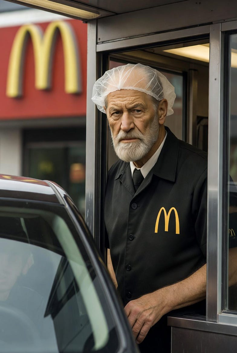 A photograph of Sigmund Freud in a McDonald's drive-thru, in a humorous modern setting.