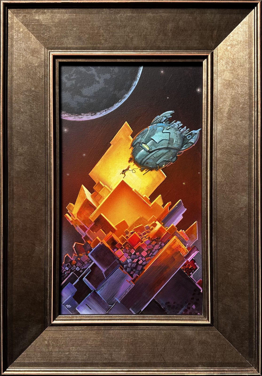 TOUCH OF WONDER (2024), Acrylic on Paper, 12" x 7". Custom-framed in light bronze wood moulding with orange highlights. A figure dives out of a spaceship angling down over a massive cubic crystal formation. His tether loops as if free of gravity. In the upper left, a moon hangs against dark sky. The scene is illuminated by the glow of the yellow-orange crystals. Lower in the formation colors shift to pink and then purple with the cubes varying greatly in size. TOUCH OF WONDER (2024), Acrylic on Paper, 12" x 7". Custom-framed in light bronze wood moulding with orange highlights. A figure dives out of a spaceship angling down over a massive cubic crystal formation. His tether loops as if free of gravity. In the upper left, a moon hangs against dark sky. The scene is illuminated by the glow of the yellow-orange crystals. Lower in the formation colors shift to pink and then purple with the cubes varying greatly in size.