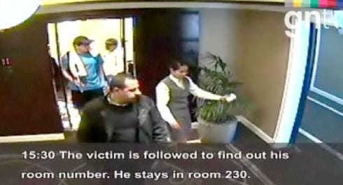 Hamas leader exiting hotel elevator in Dubai. Behind him is Mossad assassin Eric Rassineux