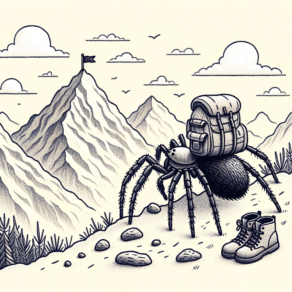 Drawing of a spider with a backpack and hiking boots, exploring a mountainous landscape with a tiny flag on a peak.