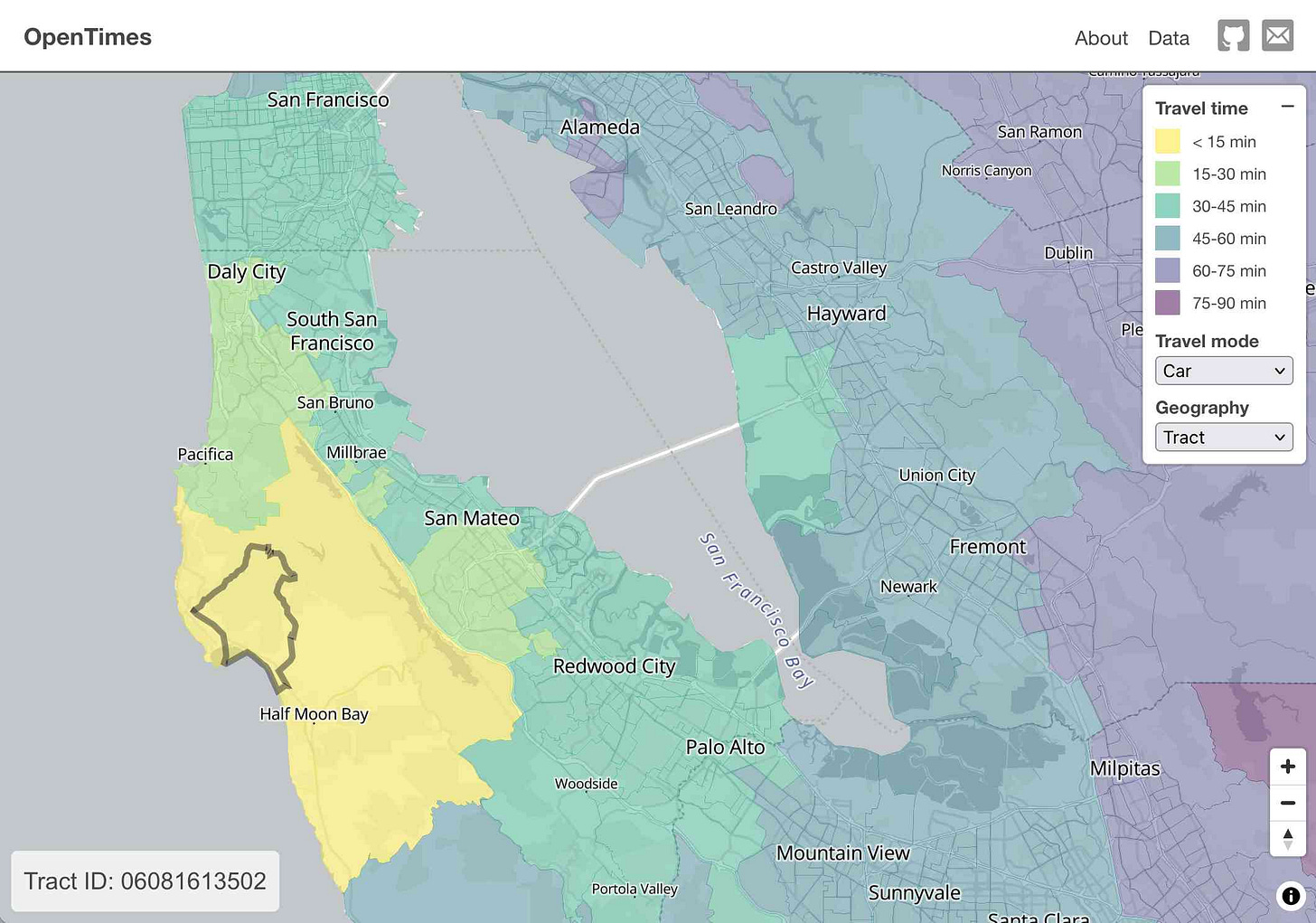 Isochrone map showing driving times from the El Granada census tract to other places in the San Francisco Bay Area
