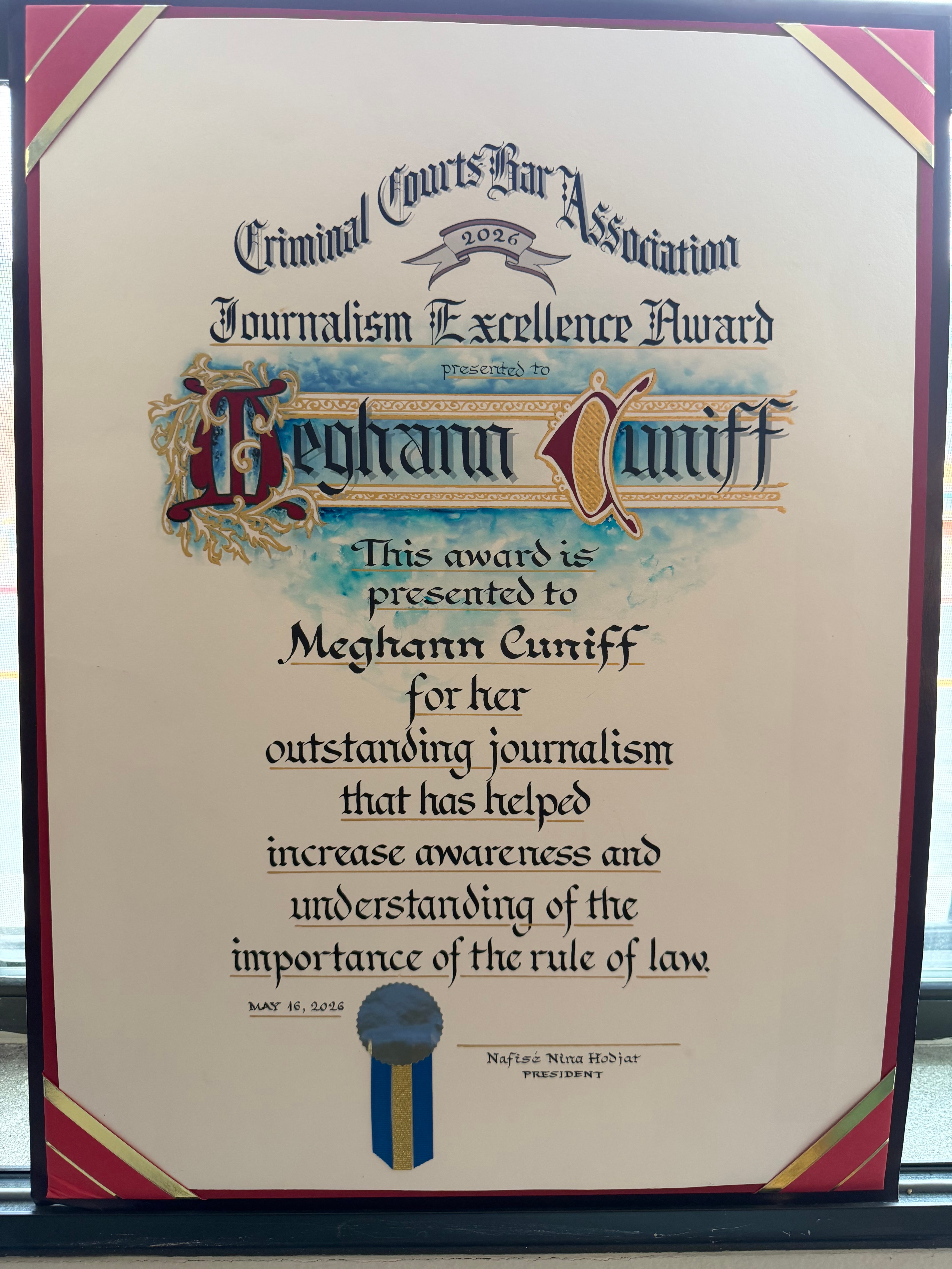 legalaffairsandtrials.com - Meghann Cuniff - Thank you to the LA Criminal Courts Bar Association for the Journalism Excellence Award