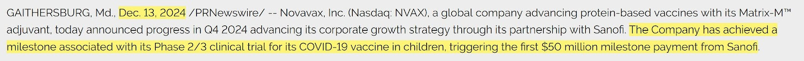 Screenshot of Novavax Press Release from December 13th, 2024. Highlighted text says: "Dec. 13, 2024 The Company has achieved a milestone associated with its Phase 2/3 clinical trial for its COVID-19 vaccine in children, triggering the first $50 million milestone payment from Sanofi." The non-highlighted portion of the text says: "Novavax, Inc. (Nasdaq: NVAX), a global company advancing protein-based vaccines with its Matrix-MTM adjuvant, today announced progress in Q4 2024 advancing its corporate growth strategy through its partnership with Sanofi." Screenshot of Novavax Press Release from December 13th, 2024. Highlighted text says: "Dec. 13, 2024 The Company has achieved a milestone associated with its Phase 2/3 clinical trial for its COVID-19 vaccine in children, triggering the first $50 million milestone payment from Sanofi." The non-highlighted portion of the text says: "Novavax, Inc. (Nasdaq: NVAX), a global company advancing protein-based vaccines with its Matrix-MTM adjuvant, today announced progress in Q4 2024 advancing its corporate growth strategy through its partnership with Sanofi."
