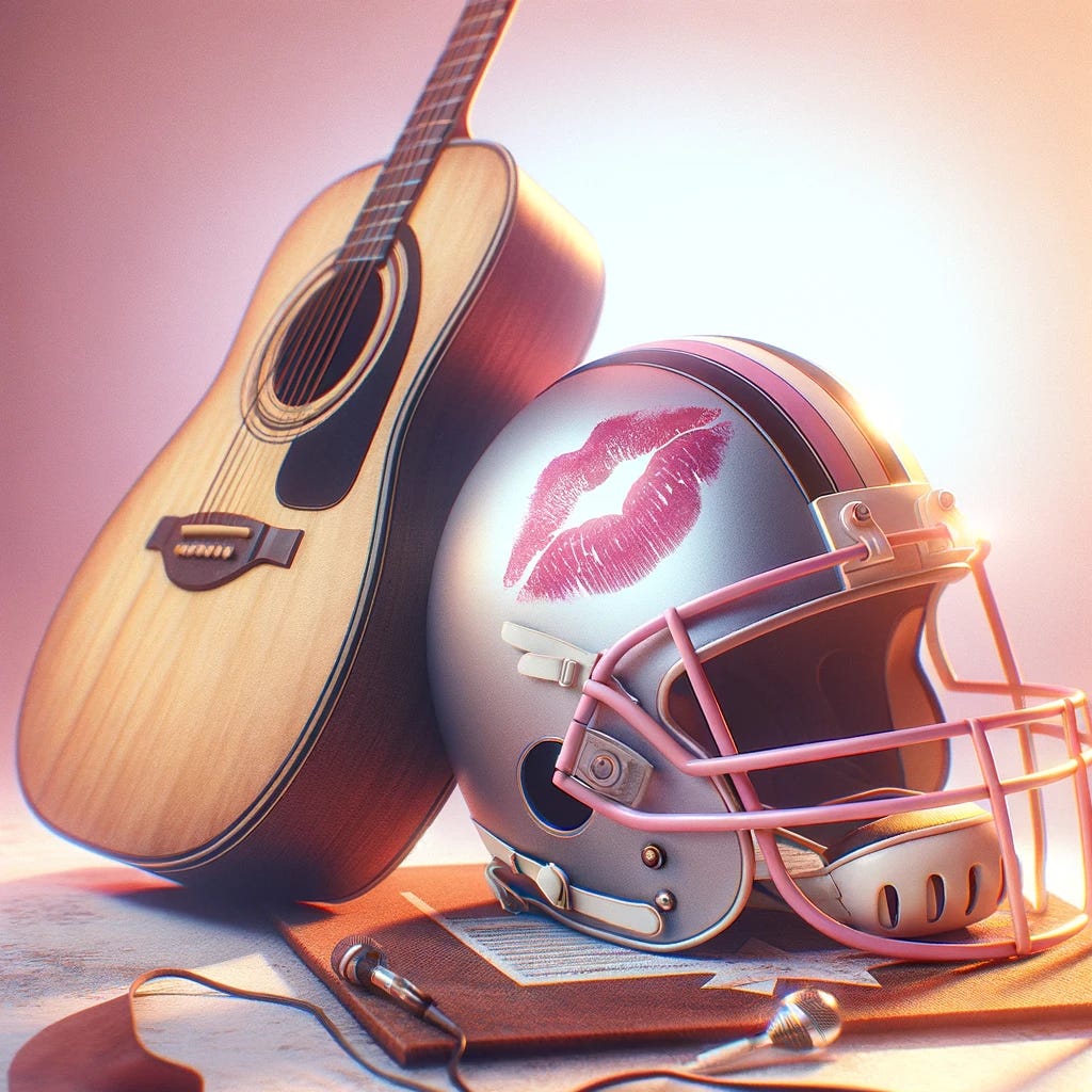 An album cover art for a hit country pop love song, featuring a romantic and playful design without any text. The cover includes a classic acoustic guitar leaning against a football helmet with a noticeable lipstick mark from a kiss, symbolizing a blend of music and sports romance. The background is soft and dreamy, with pastel colors and subtle lighting, evoking a sense of enchantment and love. The overall aesthetic is a blend of elegance, romance, and playful charm, capturing the essence of a love song. The design should be reminiscent of popular country pop album covers, with an artistic and visually appealing layout.