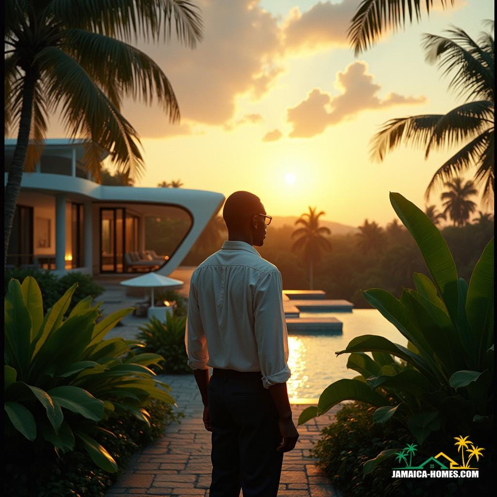 A Jamaican real estate lawyer, dressed in a crisp, white linen shirt and dark trousers, stands amidst a lush, tropical landscape, gazing out at a stunning, modern villa in the distance, its sleek, curved lines and expansive windows gleaming in the warm, golden light of a Caribbean sunset, as the lawyer contemplates the complex web of equitable estoppel in Jamaican property law, the atmosphere thick with tension and foreboding, evoking the moody, cinematic style of Terrence Malick