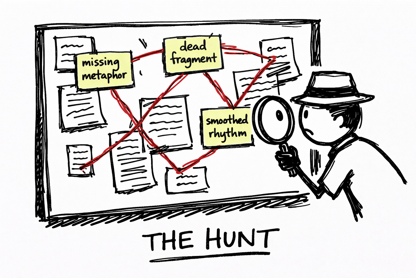 Hand-drawn Sharpie illustration of a detective-style evidence board with sticky notes and scribbled pages connected by red lines labeled “missing metaphor,” “dead fragment,” and “smoothed rhythm,” representing analysis of AI-edited writing changes.