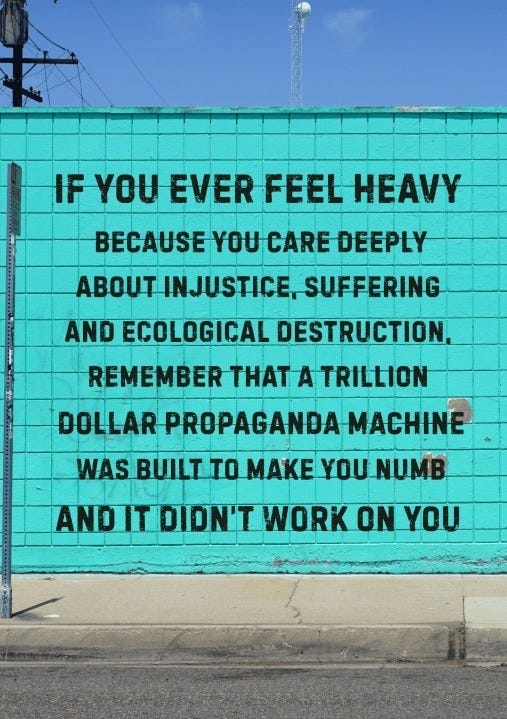 May be an image of text that says 'IF YOU EVER FEEL HEAVY BECAUSE YOU CARE DEEPLY INJUSTICE, SUFFERING AND ECOLOGICAL DESTRUCTION, REMEMBER THAT A TRILLION DOLLAR PROPAGANDA MACHINE WAS BUILT TO MAKE YOU NUMB AND IT DIDN'T WORK ON YOU'