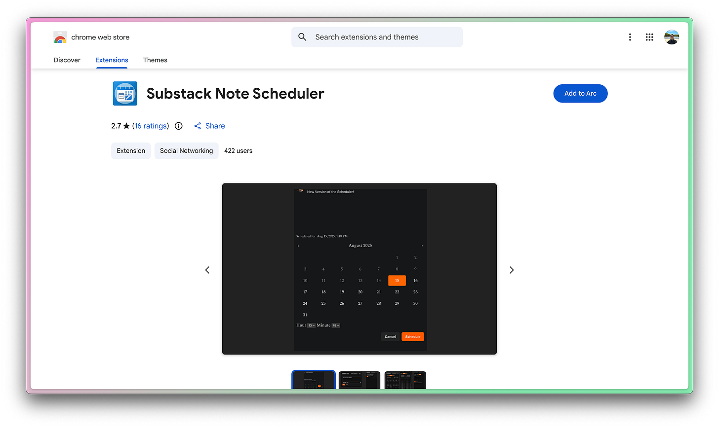 The Substack Note Sceduled extension listed on the chrome web store