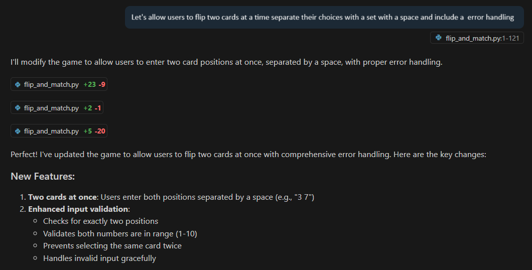 Screenshot showing Claude Sonnet 4 running in VS Code through the GitHub Copilot extension. The assistant updates a Python card game to allow users to flip two cards at once, adds input validation, and lists new features like range checks and duplicate prevention.