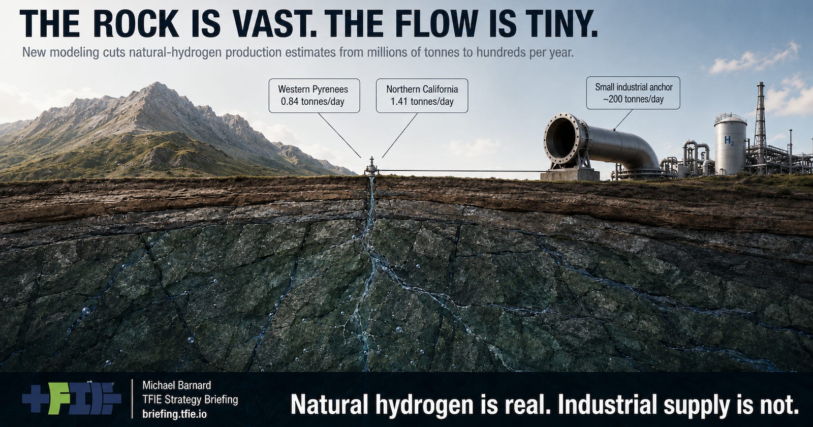 A vast underground rock formation feeds a tiny hydrogen flow toward an industrial plant requiring far more supply.