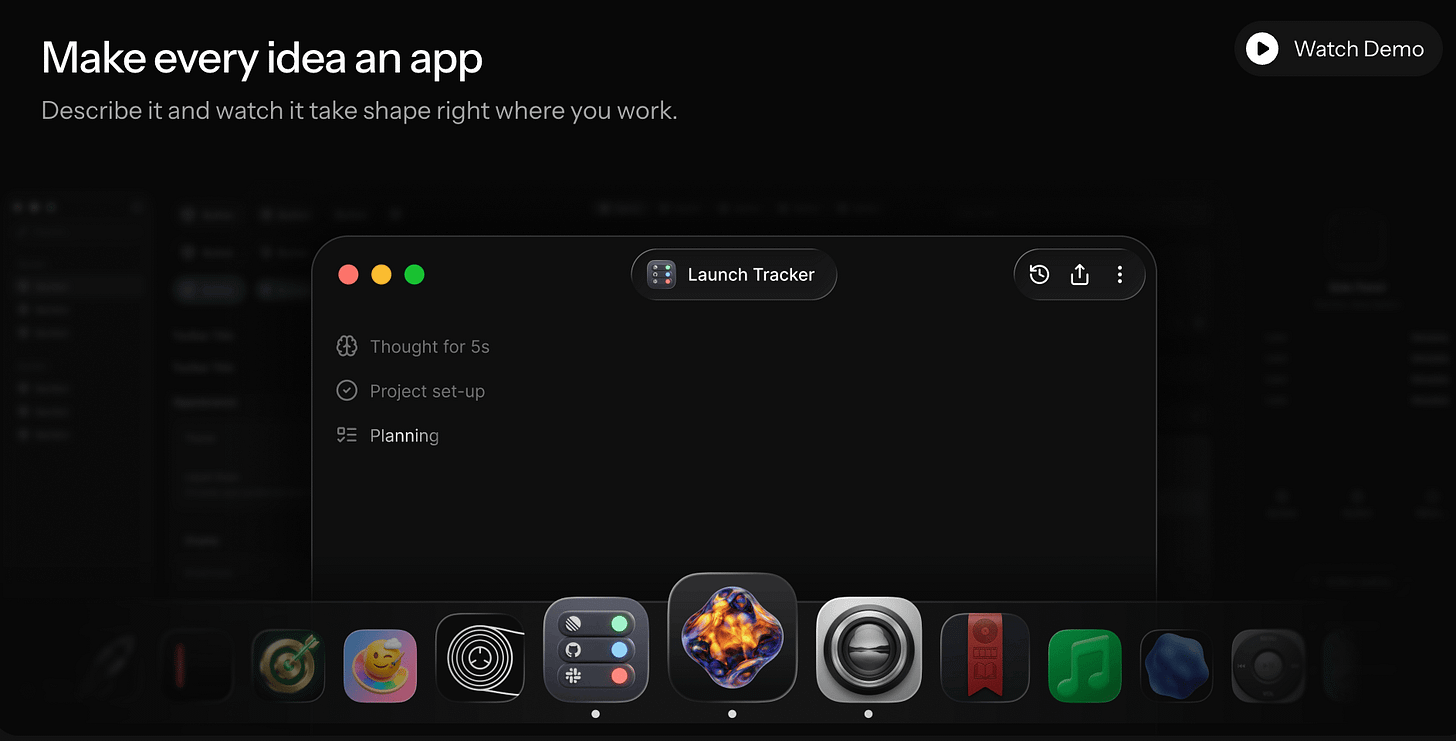 A sleek, dark mode desktop interface displaying the message 'Make every idea an app' above a window titled 'Launch Tracker' that lists project stages. A dock at the bottom showcases several vibrant icons, including a prominent glowing, iridescent central application icon. - Alt-text drafted with Gemini assistance