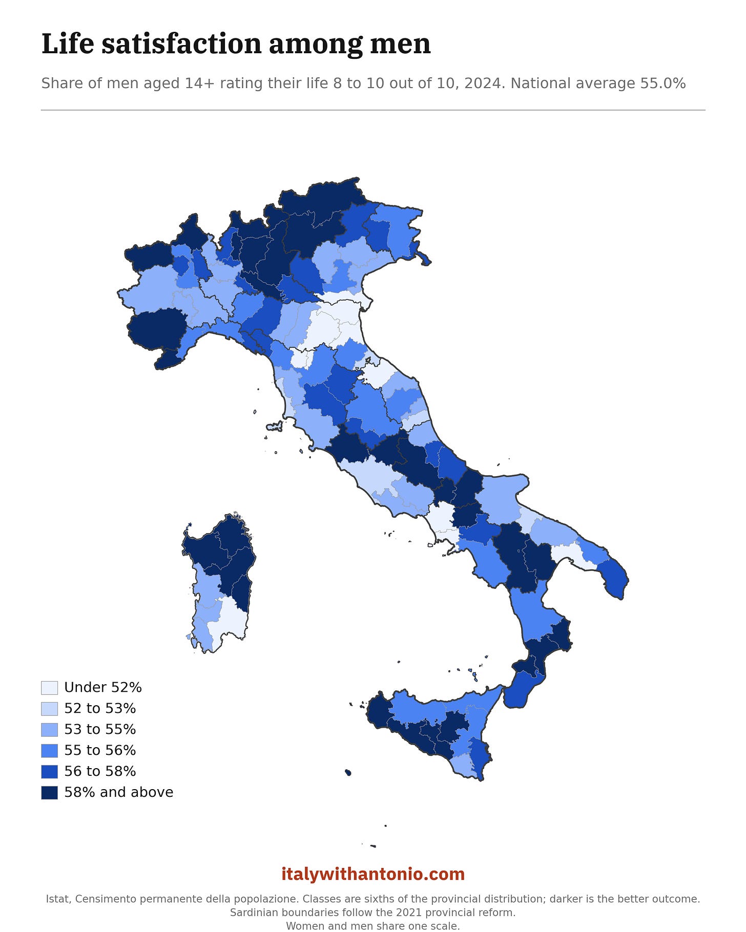 Italy's life satisfaction map among men