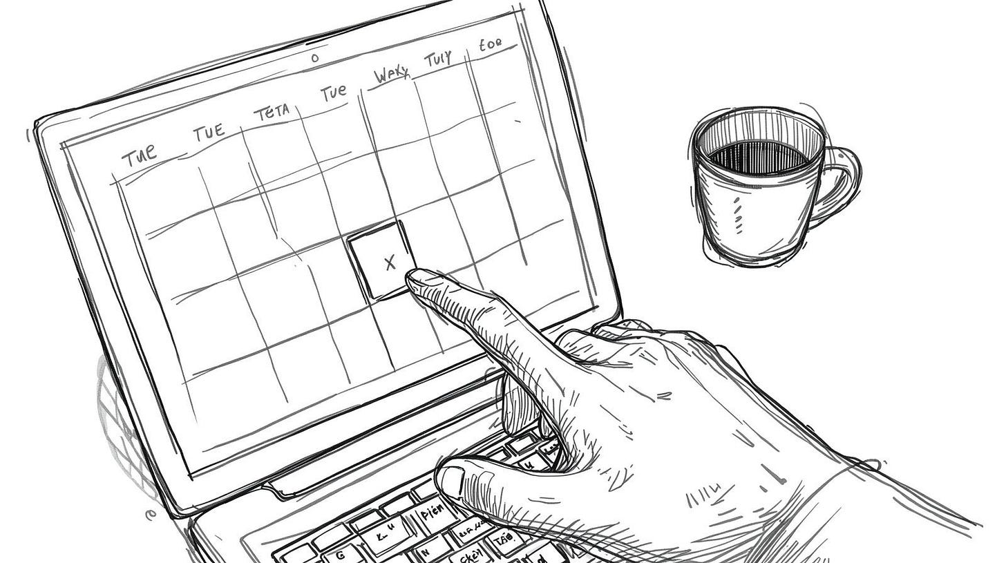 Hand hovering over a laptop's close button next to a Tuesday calendar block Hand hovering over a laptop's close button next to a Tuesday calendar block