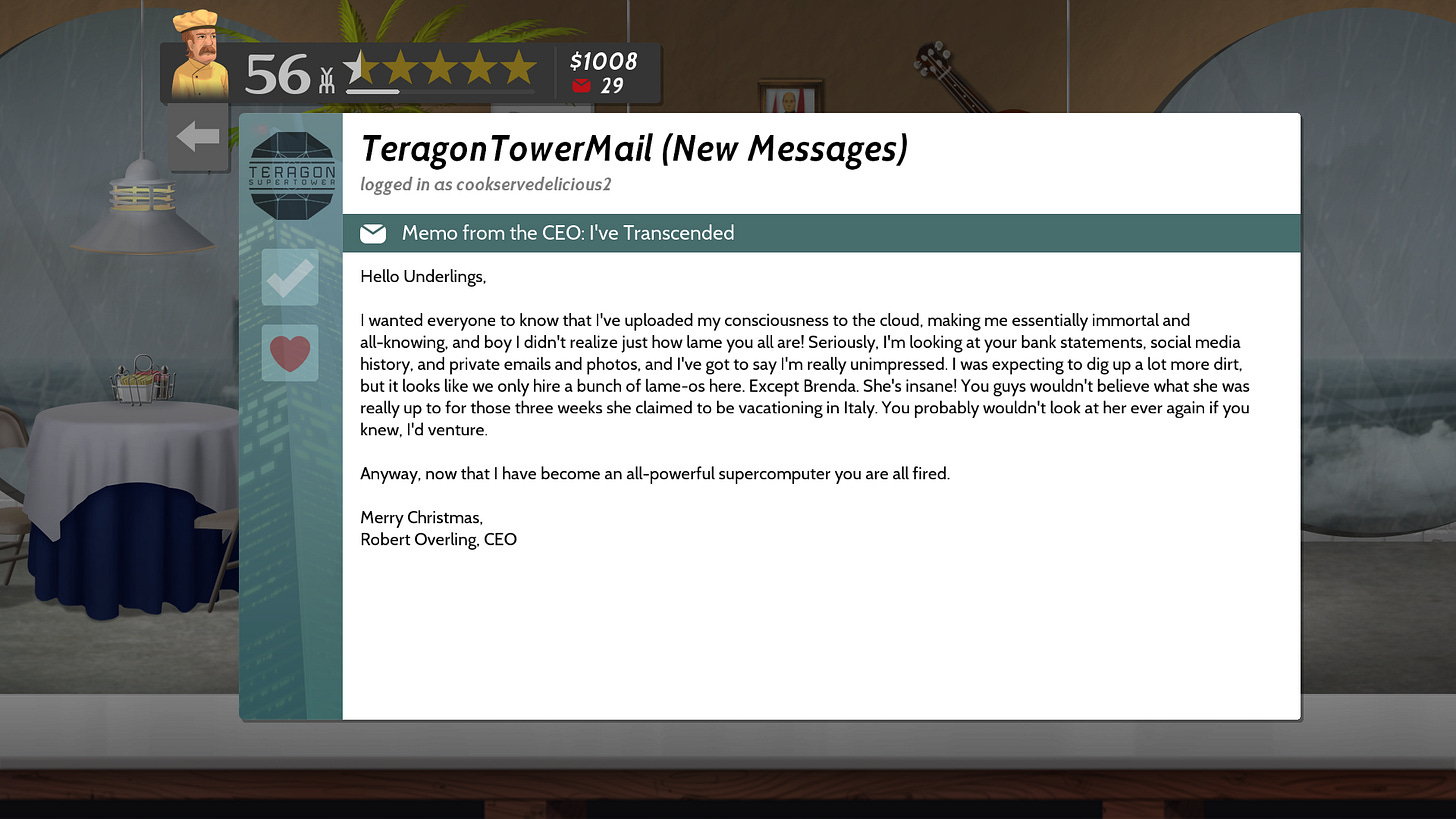 A screenshot of an in-game email from Cook, Serve, Delicious! 2!! A screenshot of an in-game email from Cook, Serve, Delicious! 2!!