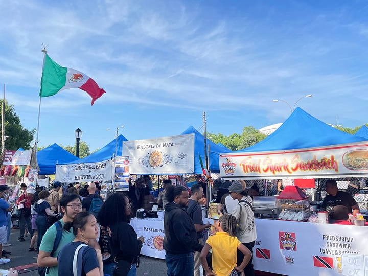 Two photos of the queens night market. One shows food stalls from Portugal, Jamaica and Guatemala. The other shows food stalls from Taiwan, Hong Kong, Rangoon, and Mexico City.
